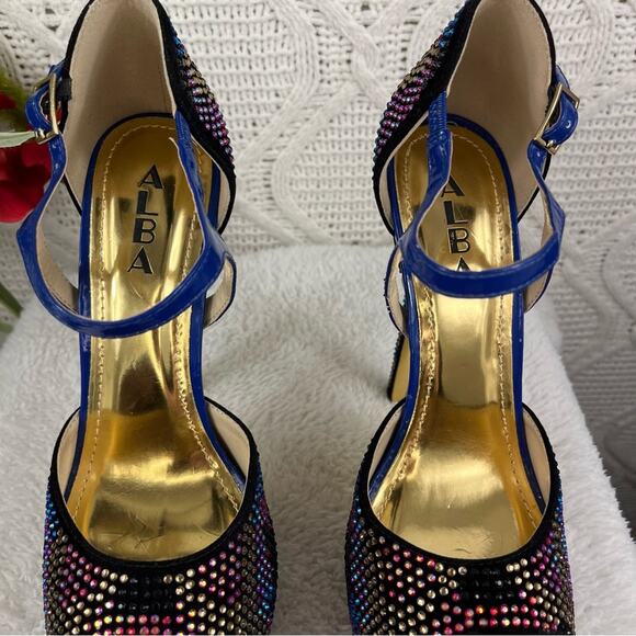 ALBA Multicolored Rhinestone Bejewled Super High Stiletto Heels Open Toe Pumps 9 - Picture 10 of 10